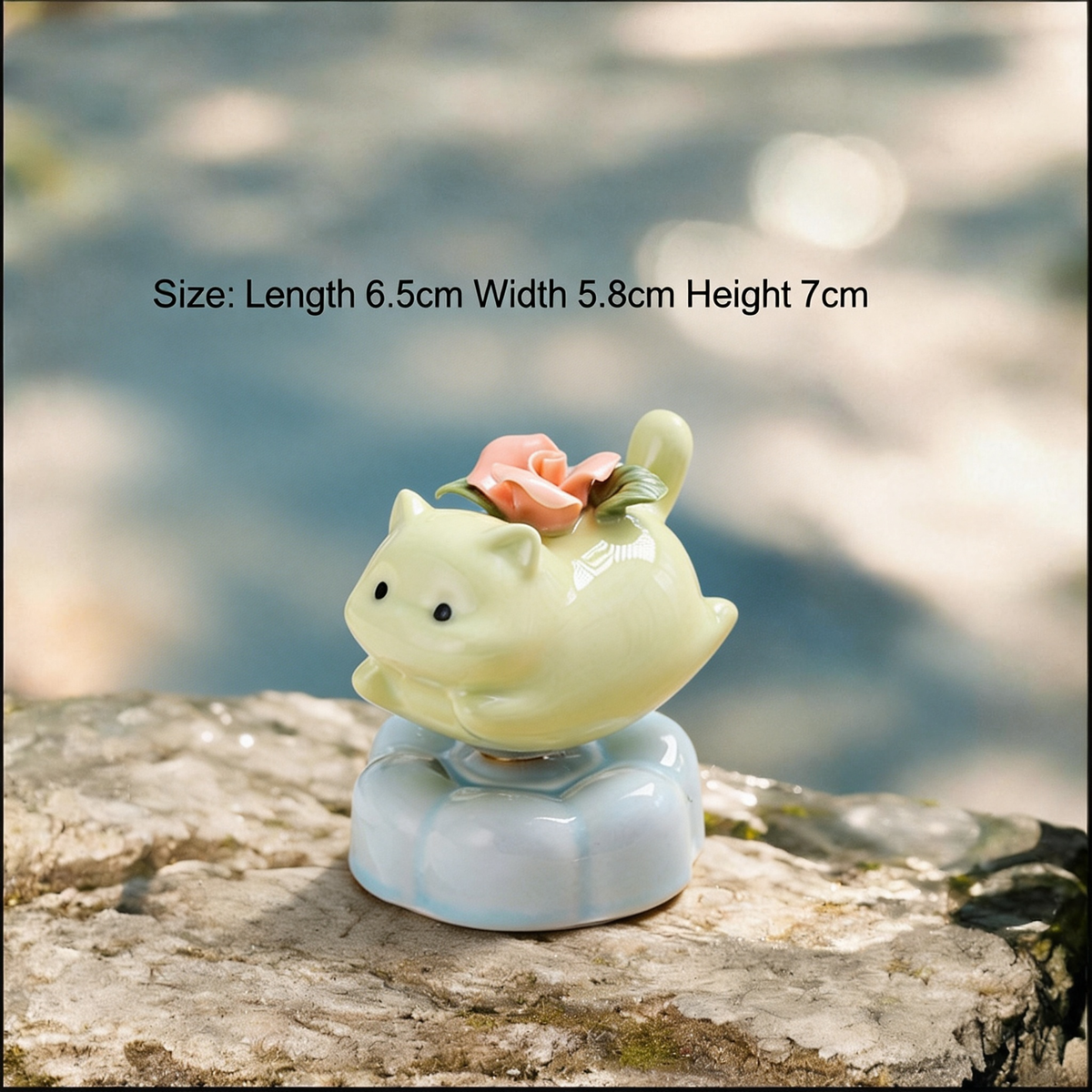 Ceramic Rotating Flying Pig Figurine – Cute Pastel Green Piggy with Coral Floral Detail & Light Blue Lotus Base