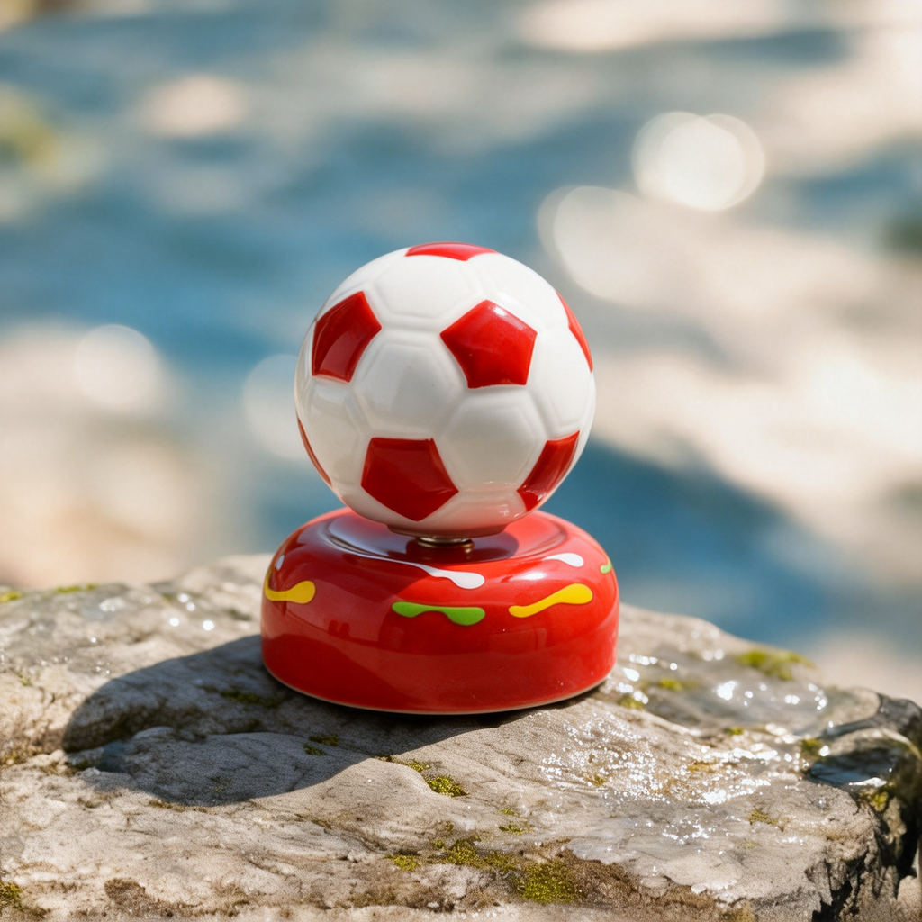 Ceramic Rotating Soccer Ball Figurine – Red & White Spinning Football Desk Toy & Sports Decor