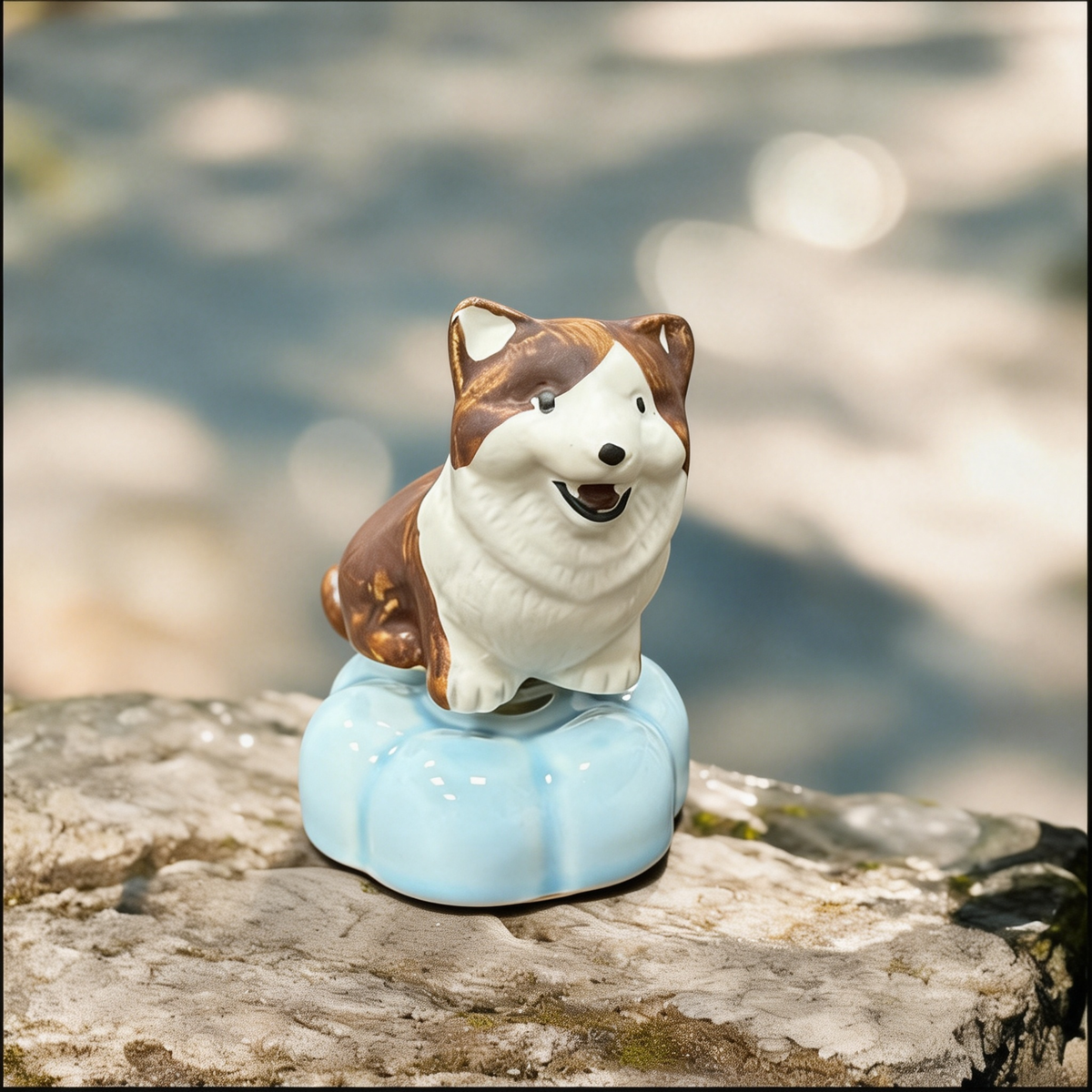 Ceramic Rotating Dog Figurine – Cute Brown & White Smiling Puppy Desk Toy on Light Blue Base