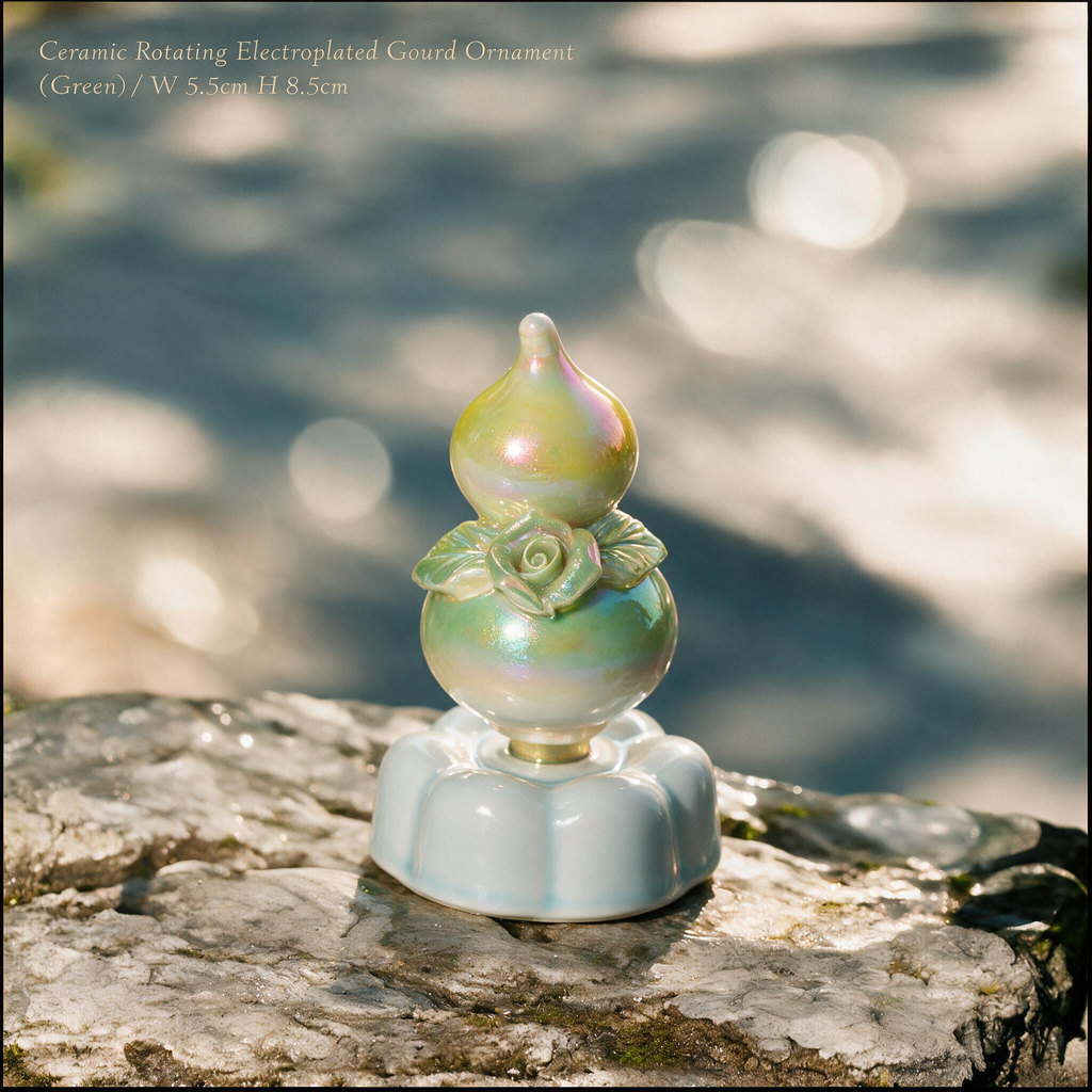 Iridescent Ceramic Rotating Gourd Figurine – Green Rose Wu Lou with Pearl Luster & Light Blue Base