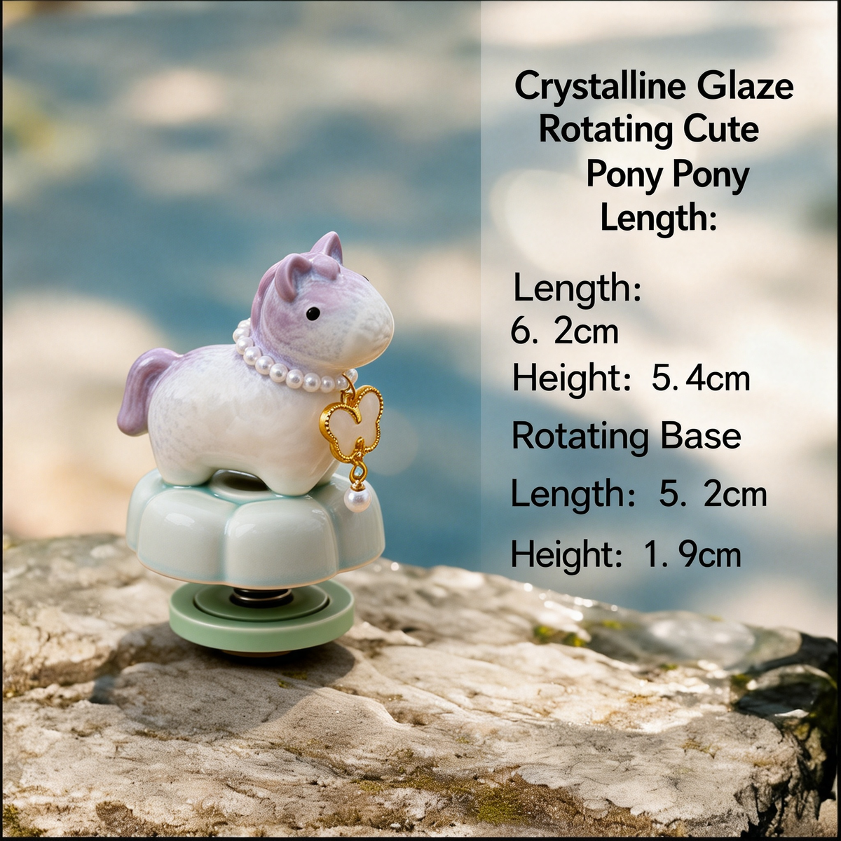 Crystal Glaze Rotating Horse Figurine – Cute Ceramic Pony with Lavender Accents, Pearl Collar & Mint Lotus Base