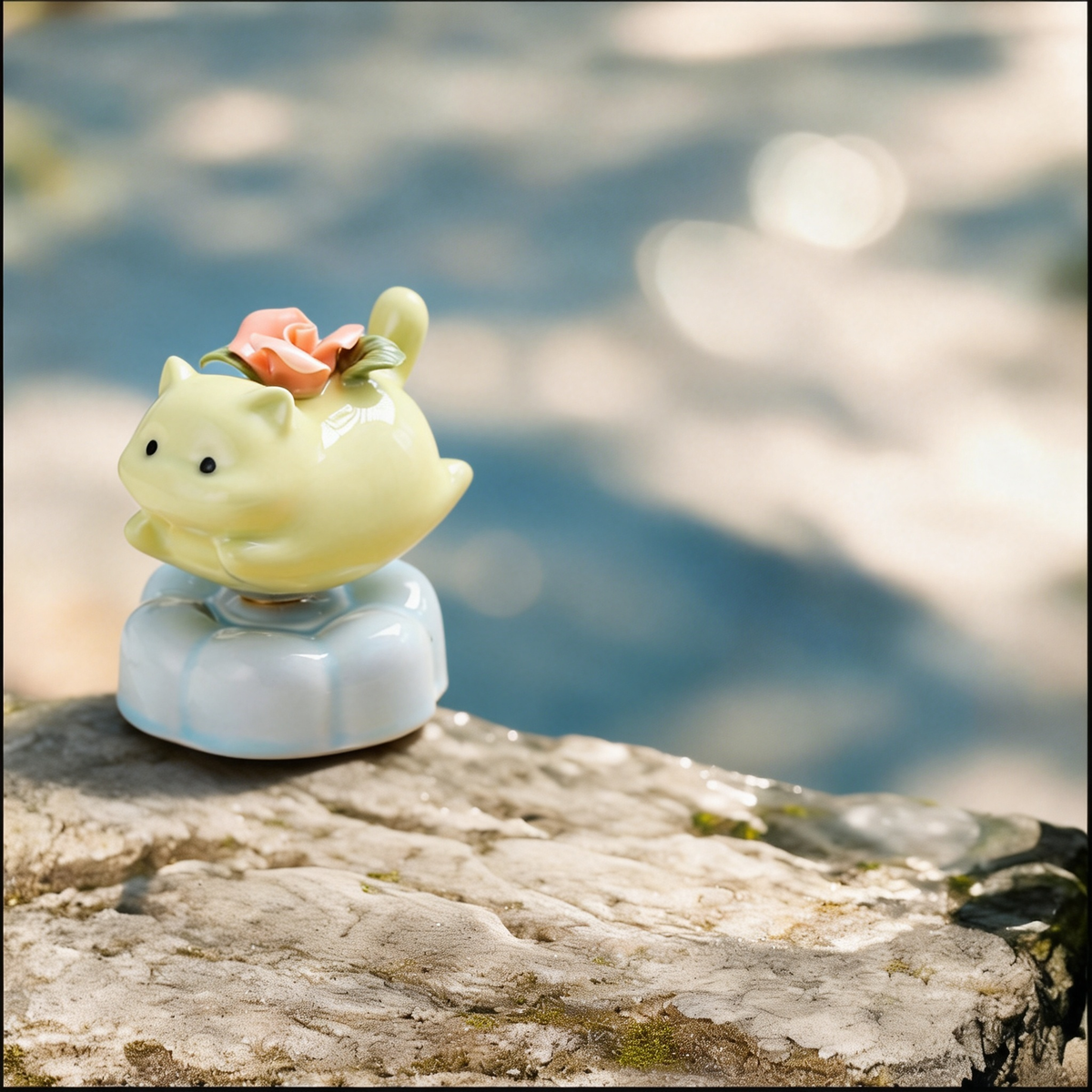 Ceramic Rotating Flying Pig Figurine – Cute Pastel Green Piggy with Coral Floral Detail & Light Blue Lotus Base