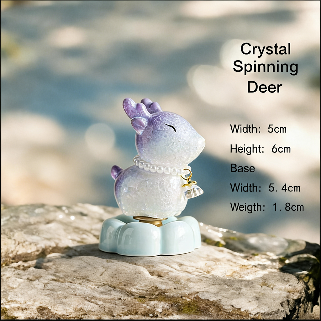 Ceramic Rotating Deer Figurine – Cute Lavender Fawn with Pearl Necklace & Light Blue Lotus Base
