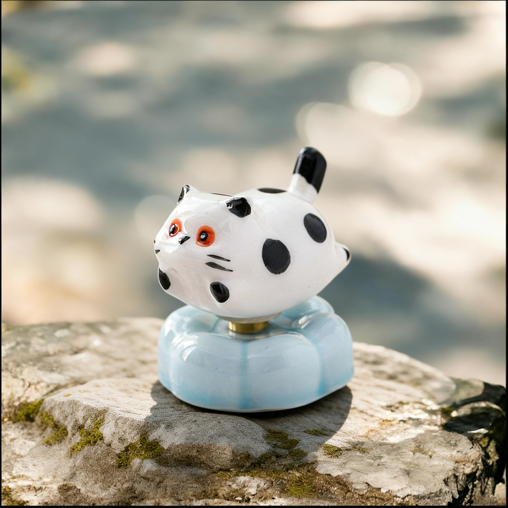 Ceramic Rotating Cat Figurine – Cute Black Polka Dot Kitten Desk Toy on Light Blue Base