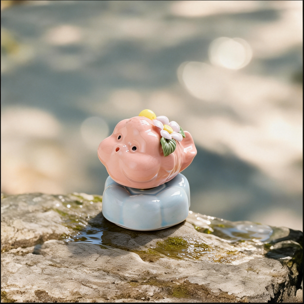 Ceramic Rotating Pig Figurine – Cute Chubby Pink Piggy with Floral Crown on Light Blue Lotus Base