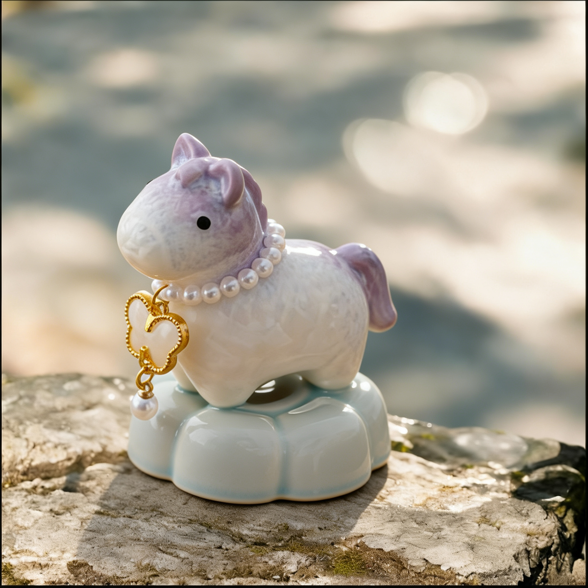 Crystal Glaze Rotating Horse Figurine – Cute Ceramic Pony with Lavender Accents, Pearl Collar & Mint Lotus Base