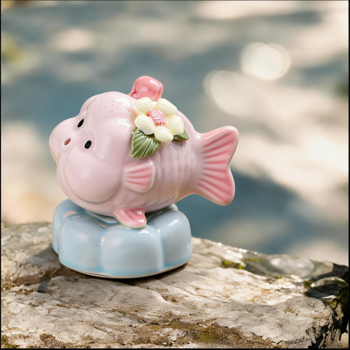 Ceramic Rotating Pig Figurine – Cute Lilac Piggy with Pink & White Floral Crown on Light Blue Lotus Base
