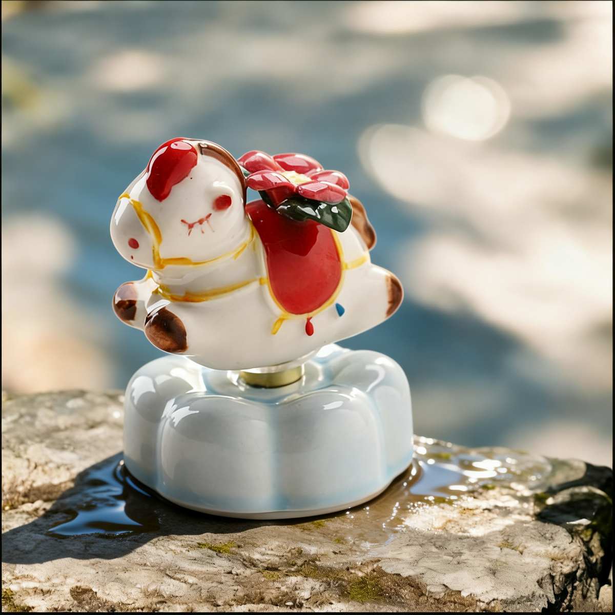 Ceramic Rotating Horse Figurine – Cute White Pony with Red Flower Saddle & Light Blue Lotus Base
