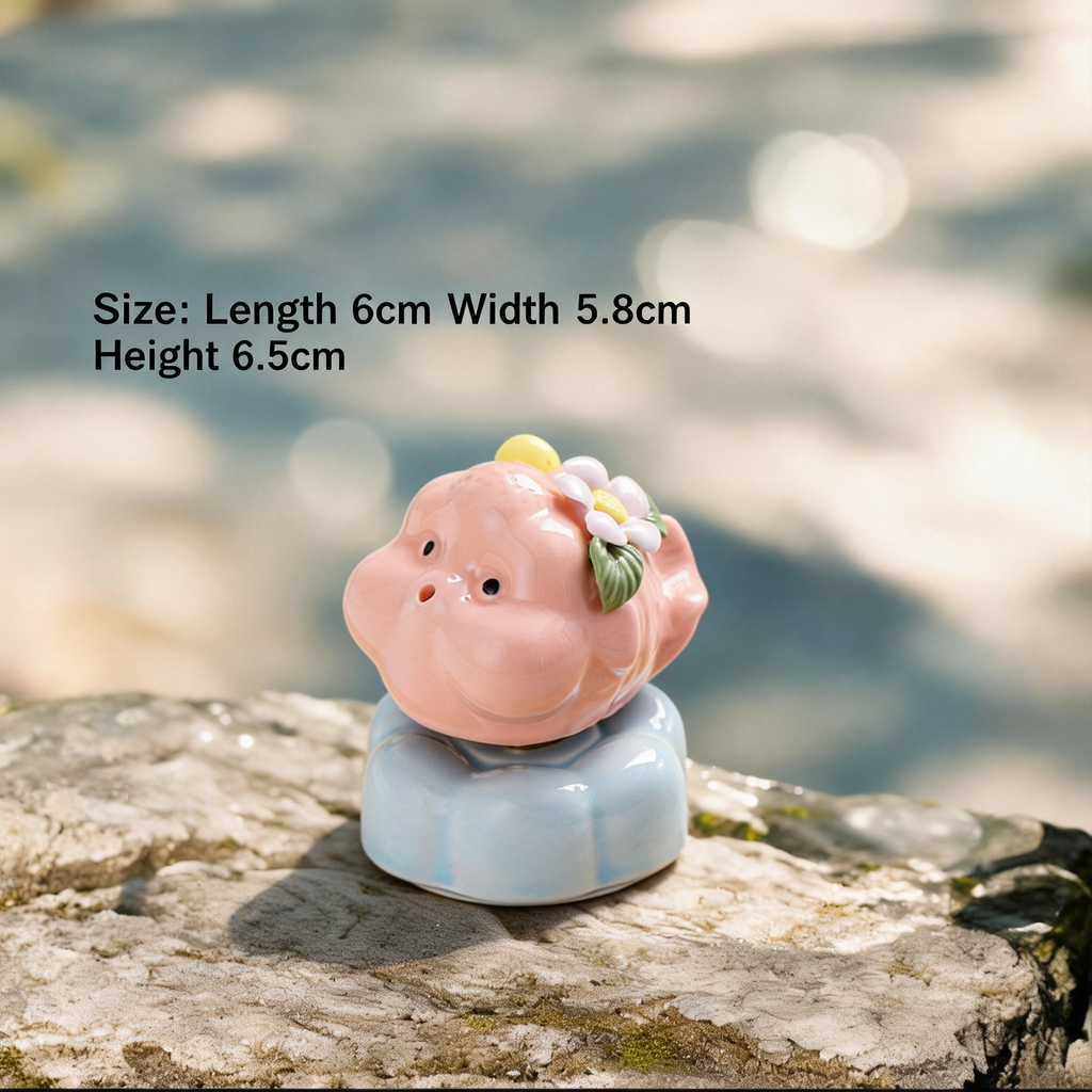 Ceramic Rotating Pig Figurine – Cute Chubby Pink Piggy with Floral Crown on Light Blue Lotus Base