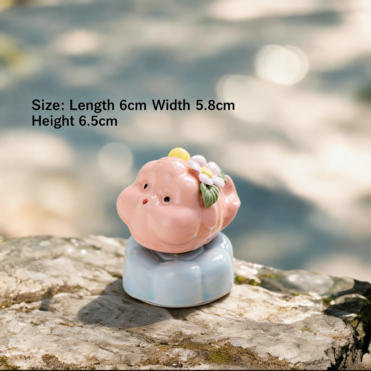 Ceramic Rotating Pig Figurine – Cute Chubby Pink Piggy with Floral Crown on Light Blue Lotus Base