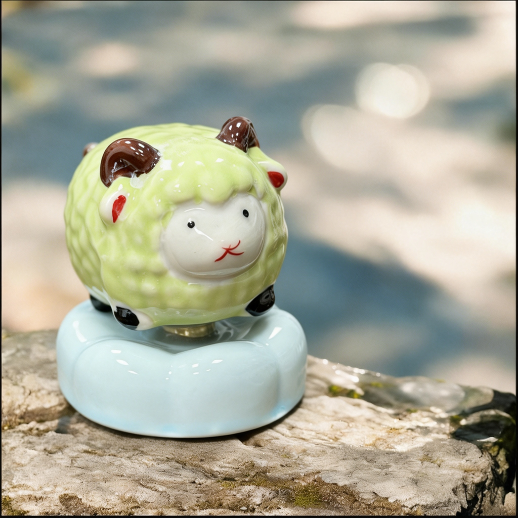 Ceramic Rotating Sheep Figurine – Cute Green Fluffy Lamb Desk Toy on Light Blue Cloud Base