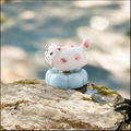 Ceramic Rotating Cat Figurine – Cute Pink Polka Dot Kitten Desk Toy on Light Blue Base