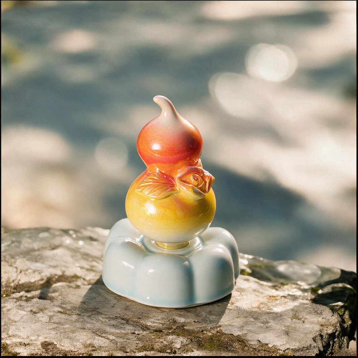 Iridescent Ceramic Rotating Gourd Figurine – Orange & Yellow Rose Wu Lou on Light Blue Base