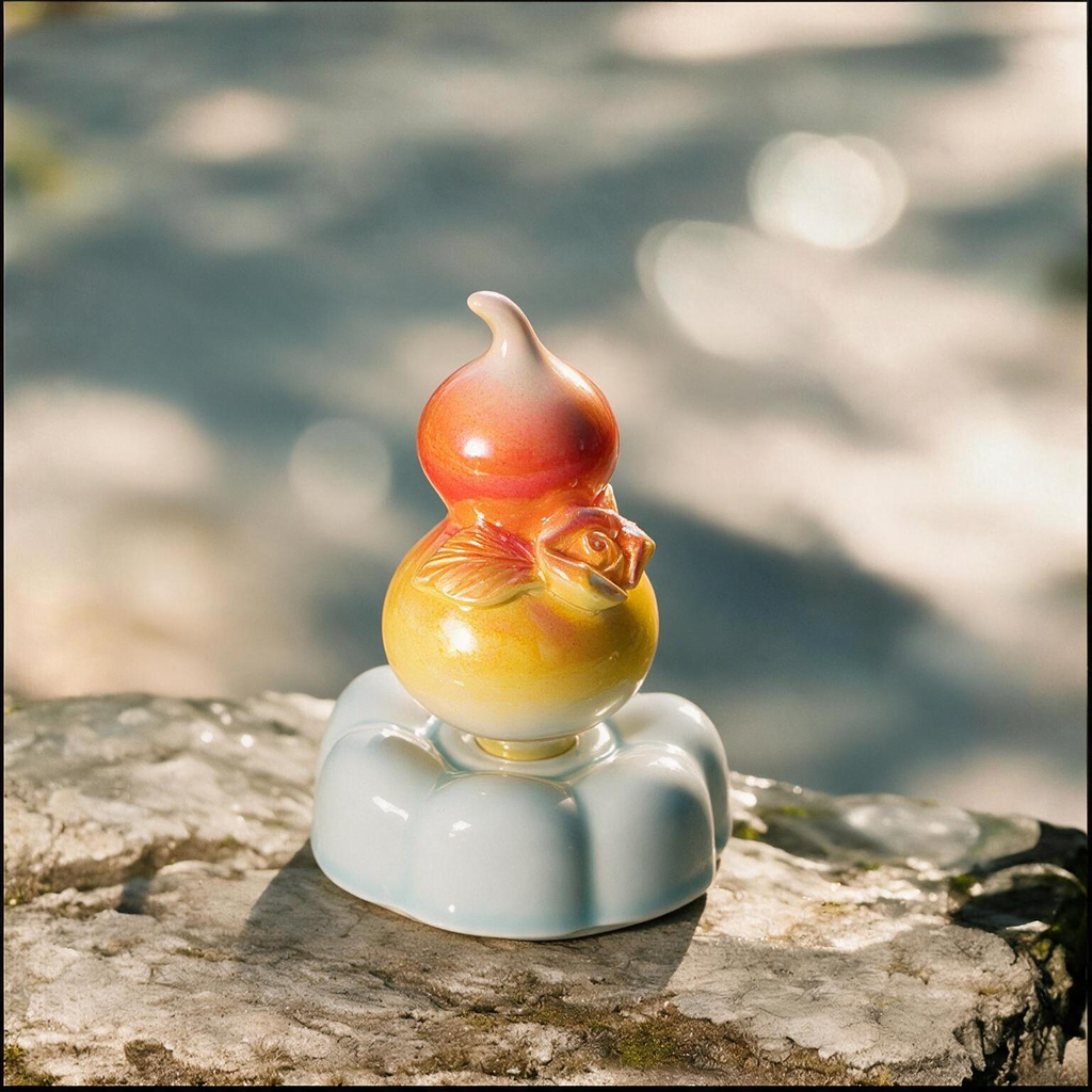 Iridescent Ceramic Rotating Gourd Figurine – Orange & Yellow Rose Wu Lou on Light Blue Base