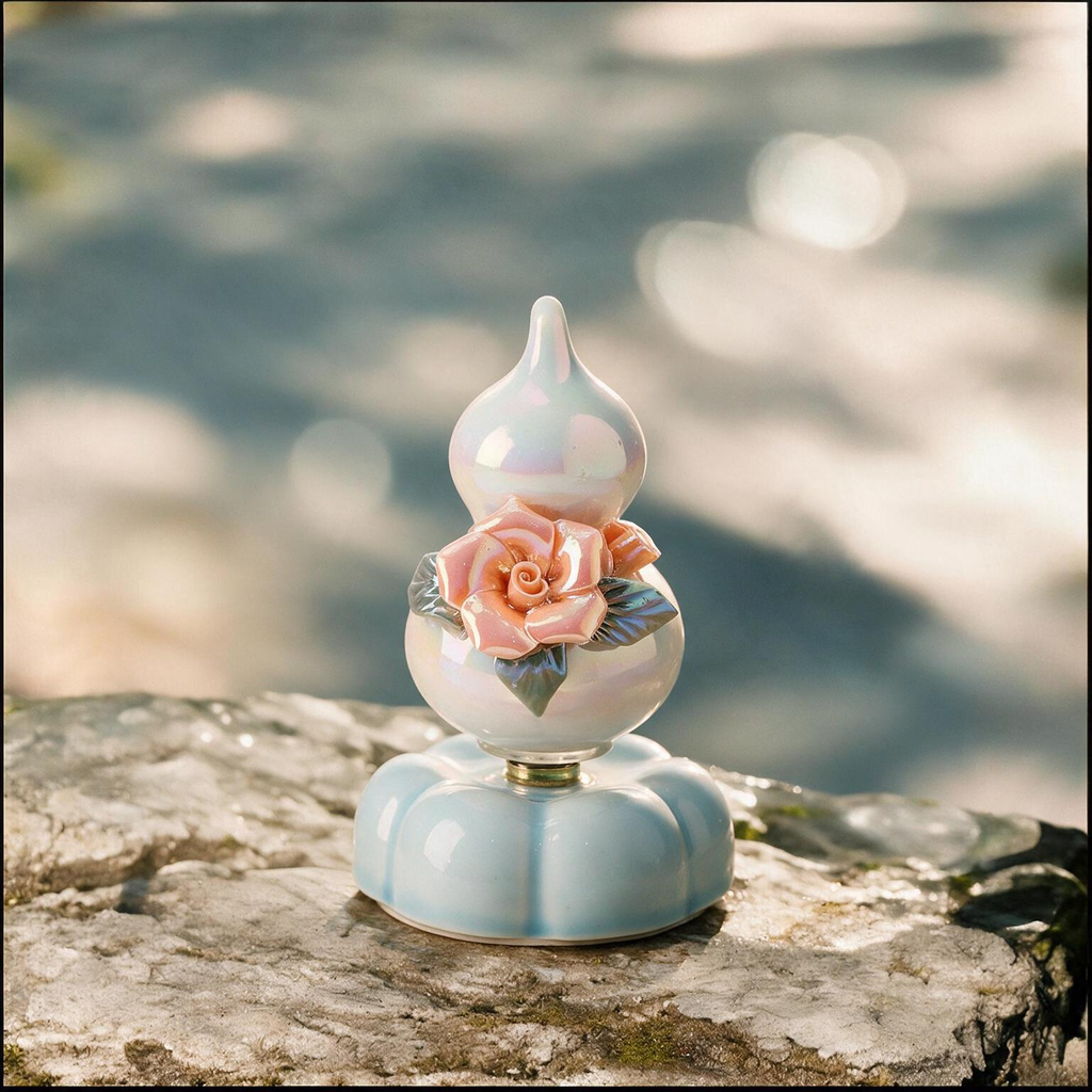 Iridescent Ceramic Rotating Gourd Figurine – Peach Rose Wu Lou with Pearl Luster & Light Blue Base