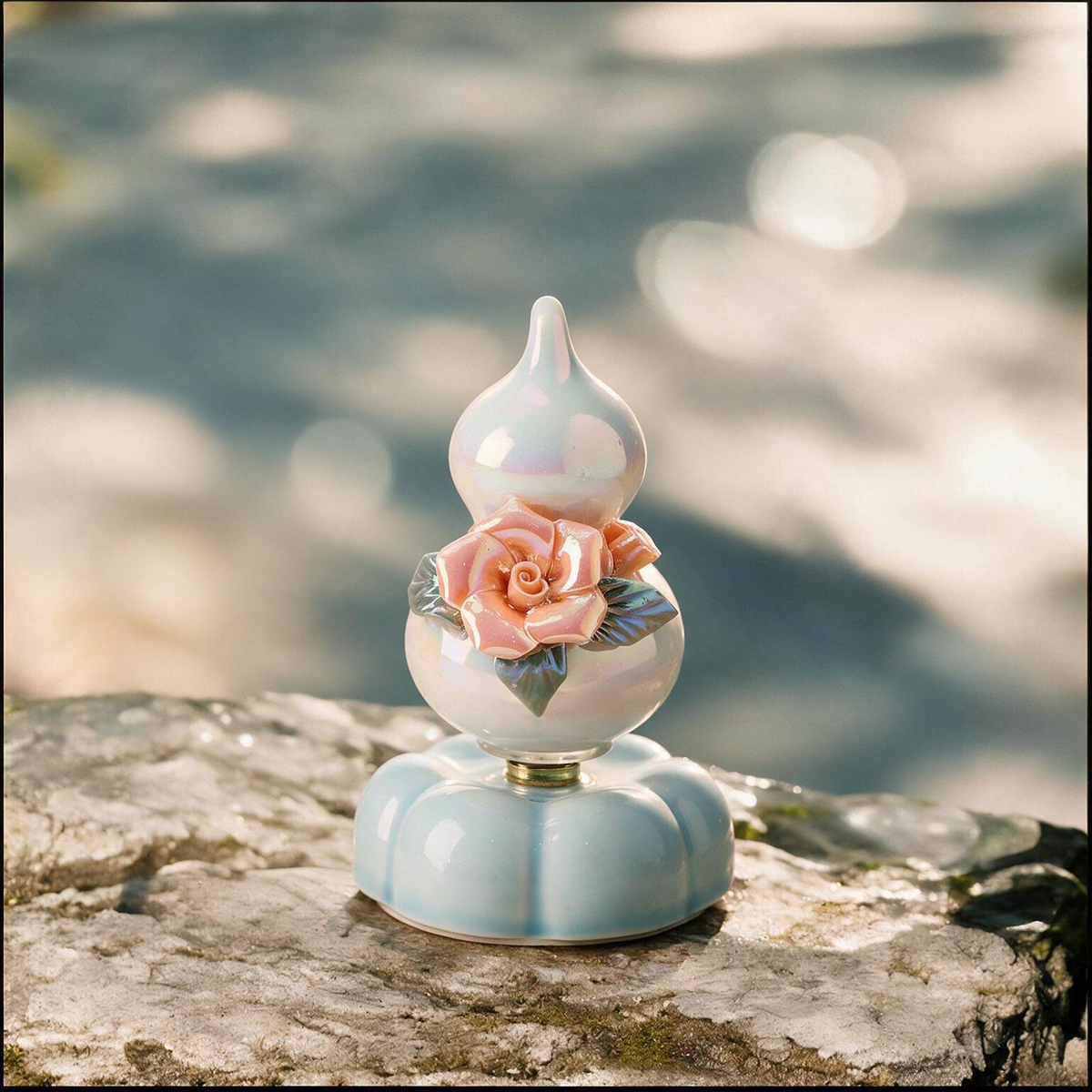 Iridescent Ceramic Rotating Gourd Figurine – Peach Rose Wu Lou with Pearl Luster & Light Blue Base