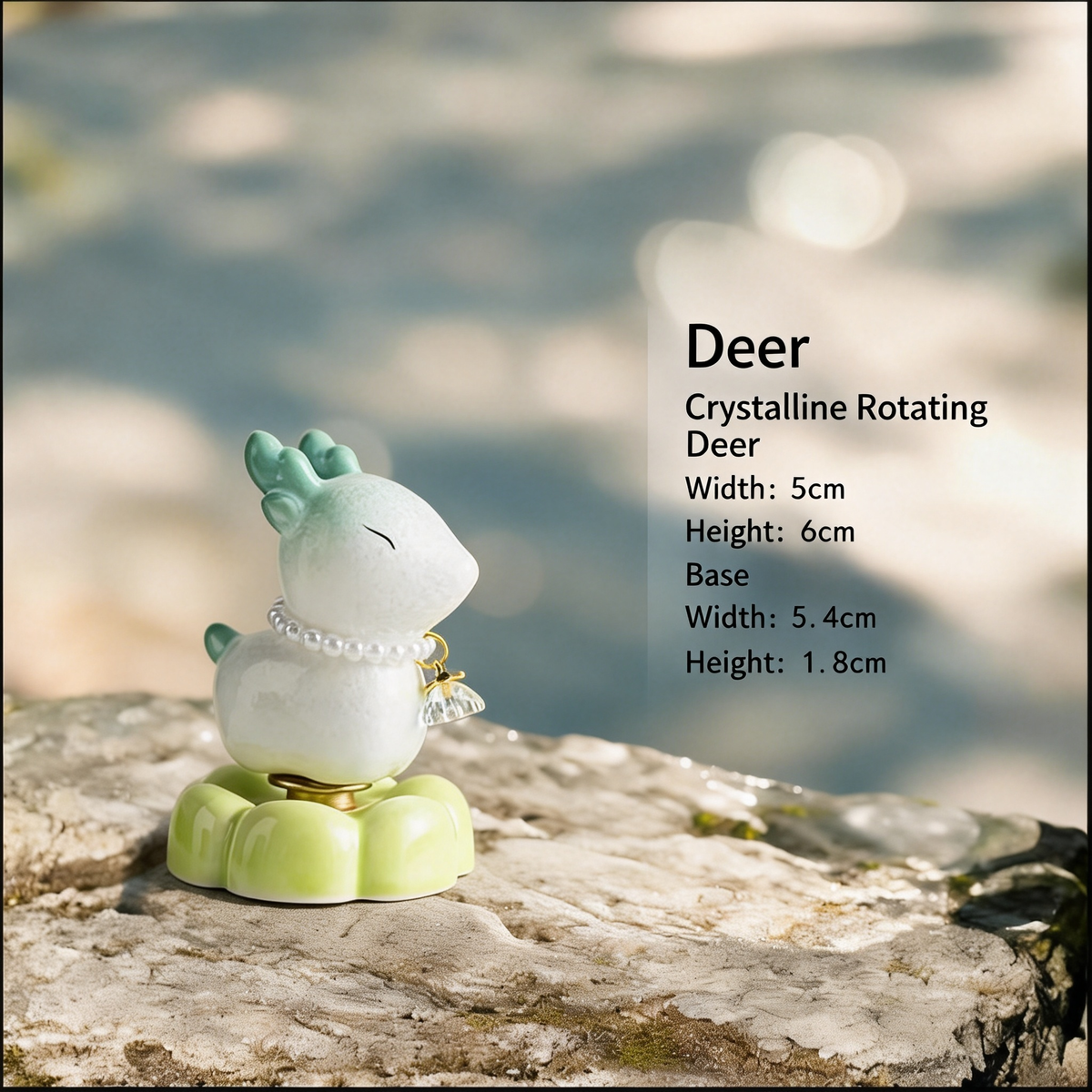 Ceramic Rotating Deer Figurine – Cute Mint Green Fawn with Pearl Necklace & Lime Lotus Base