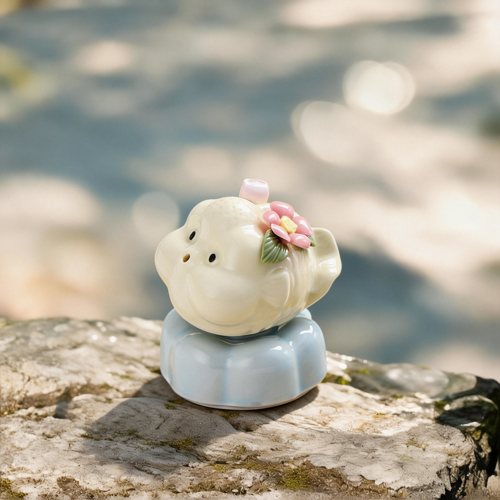 Ceramic Rotating Pig Figurine – Cute Cream Piggy with Pink Floral Crown on Light Blue Lotus Base