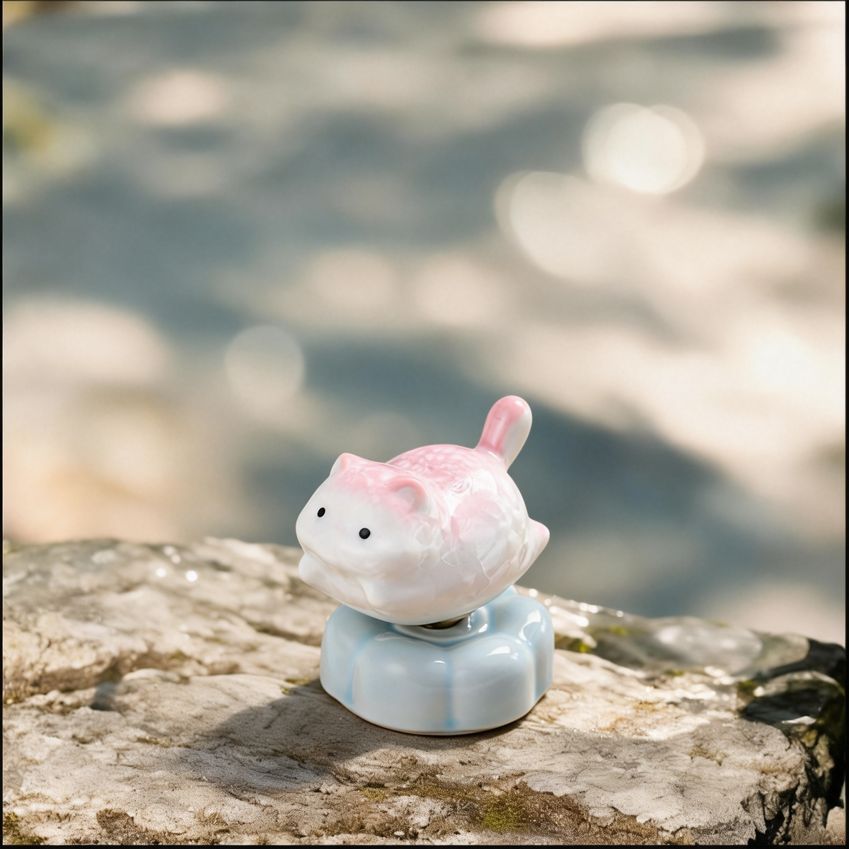 Ceramic Rotating Flying Pig Figurine – Cute Pink & White Piggy Desk Toy on Light Blue Lotus Base