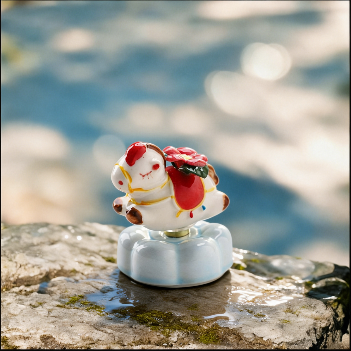 Ceramic Rotating Horse Figurine – Cute White Pony with Red Flower Saddle & Light Blue Lotus Base