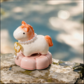 Crystal Glaze Rotating Horse Figurine – Cute Ceramic Pony with Orange Accents, Pearl Collar & Pink Lotus Base