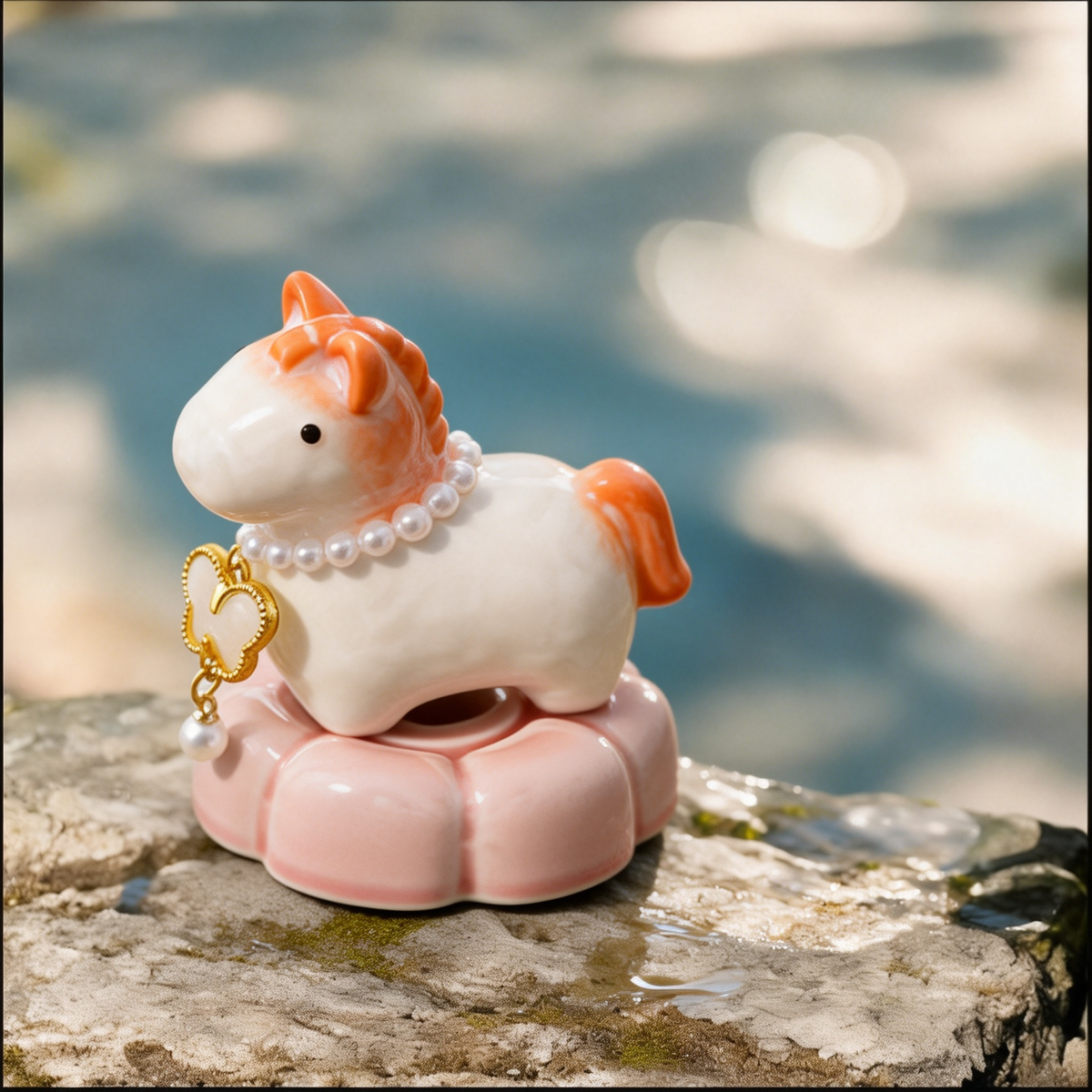 Crystal Glaze Rotating Horse Figurine – Cute Ceramic Pony with Orange Accents, Pearl Collar & Pink Lotus Base