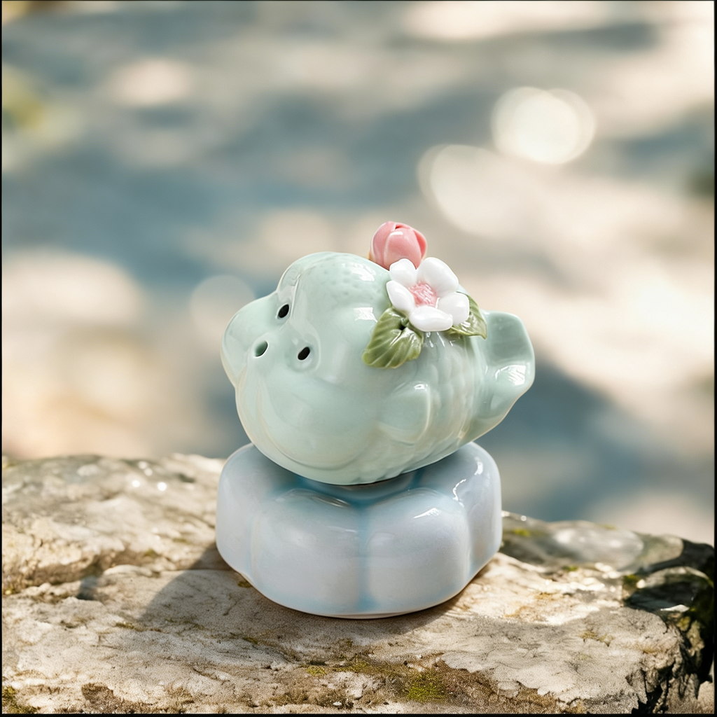 Ceramic Rotating Pig Figurine – Cute Mint Green Piggy with Pink & White Floral Crown on Light Blue Lotus Base