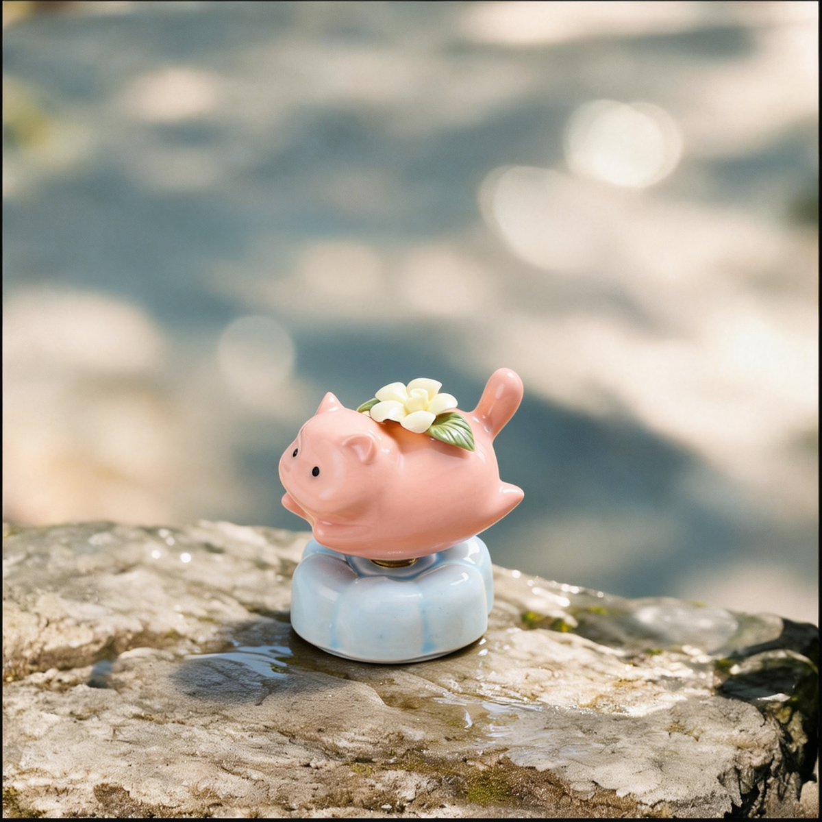 Ceramic Rotating Flying Pig Figurine – Cute Pink Piggy with Hand-Sculpted Floral Detail & Light Blue Lotus Base