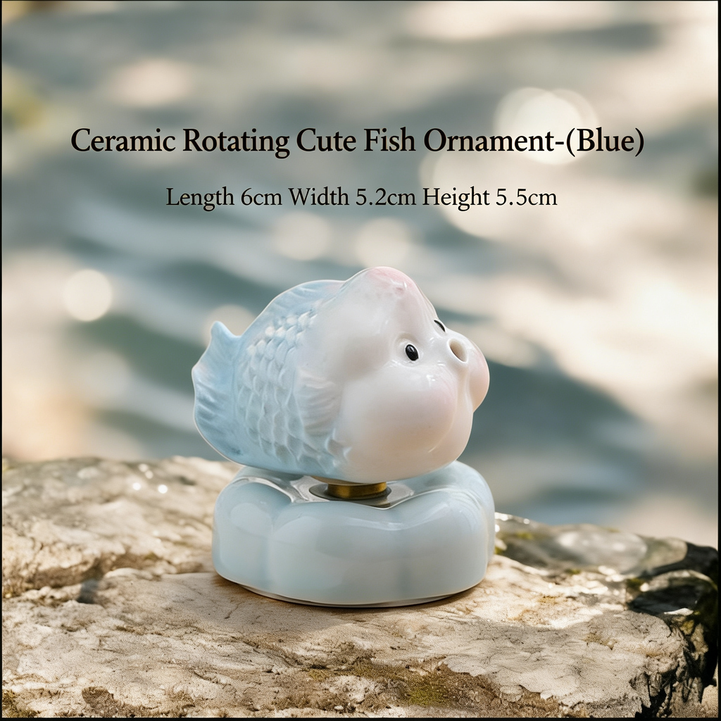 Ceramic Rotating Fish Figurine – Cute Pastel Blue Spinning Goldfish Desk Toy on Light Blue Base