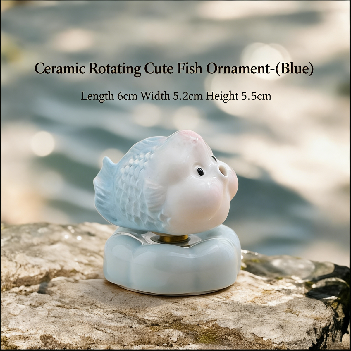 Ceramic Rotating Fish Figurine – Cute Pastel Blue Spinning Goldfish Desk Toy on Light Blue Base