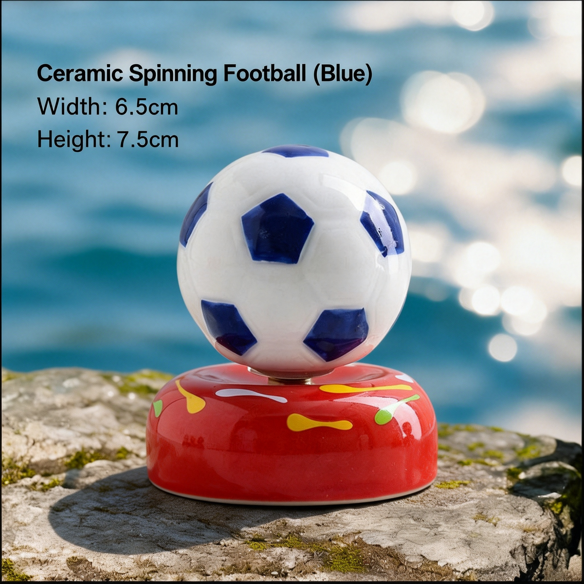 Ceramic Rotating Soccer Ball Figurine – Blue & White Spinning Football Desk Toy on Red Base