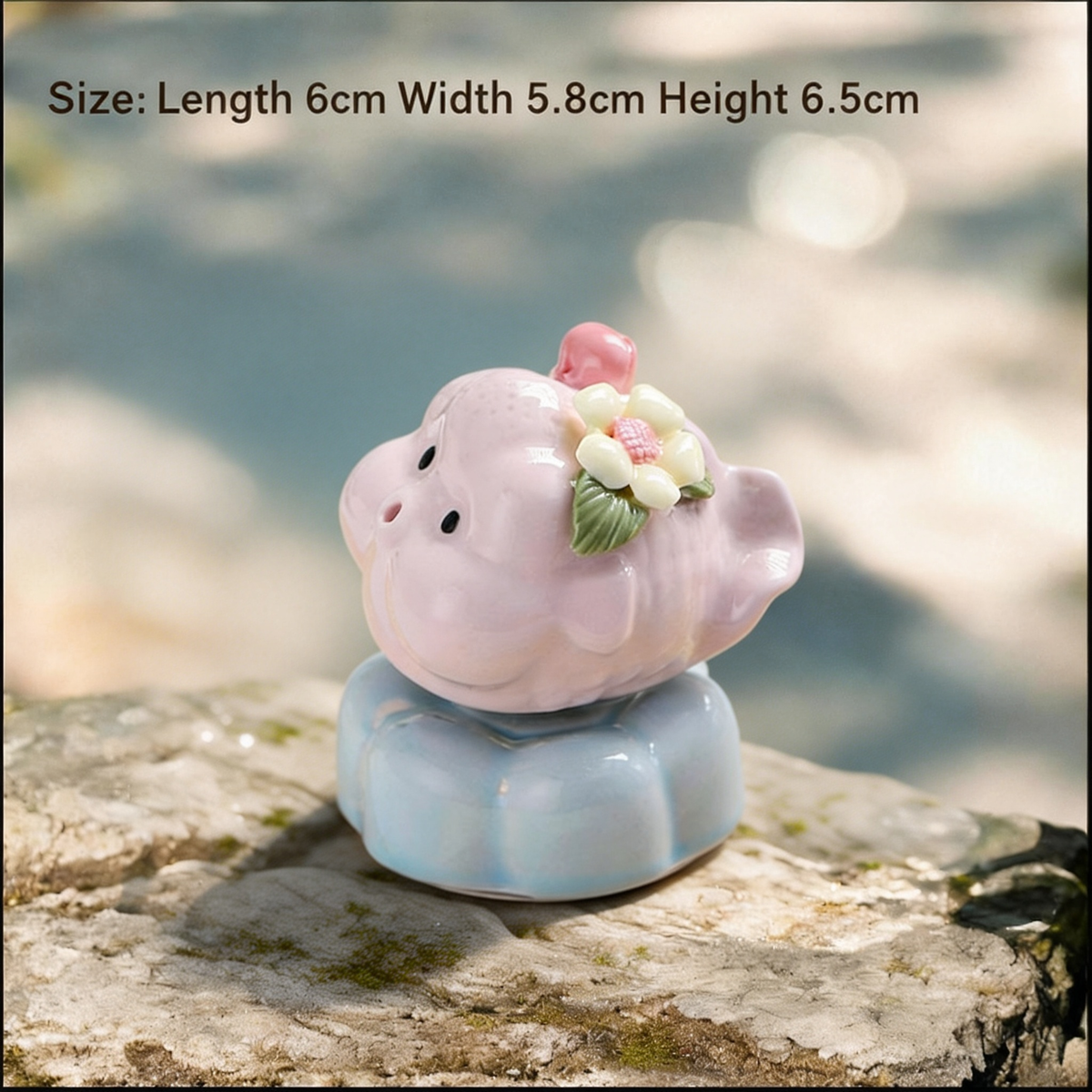 Ceramic Rotating Pig Figurine – Cute Lilac Piggy with Pink & White Floral Crown on Light Blue Lotus Base