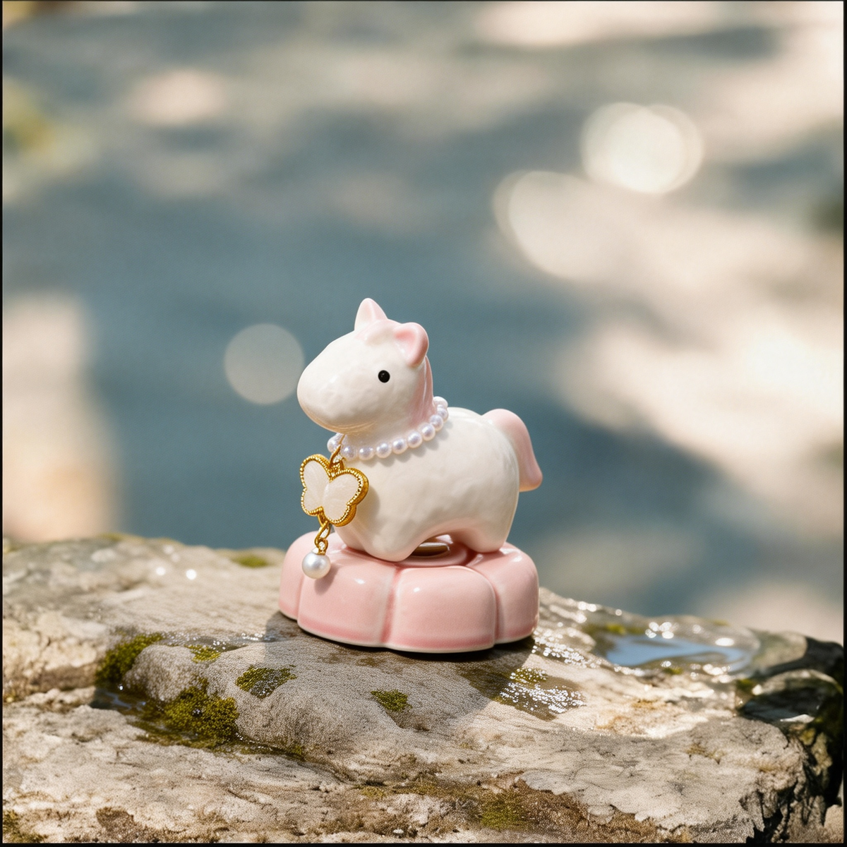 Crystal Glaze Rotating Horse Figurine – Cute Ceramic Carousel Horse with Pearl Collar & Pink Lotus Base