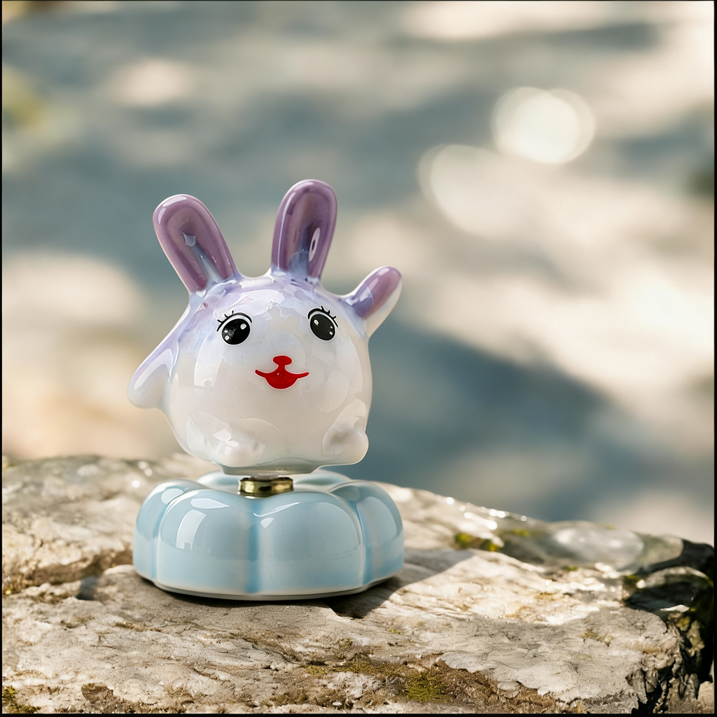 Ceramic Rotating Rabbit Figurine – Cute Purple Bunny with Red Nose on Light Blue Lotus Base
