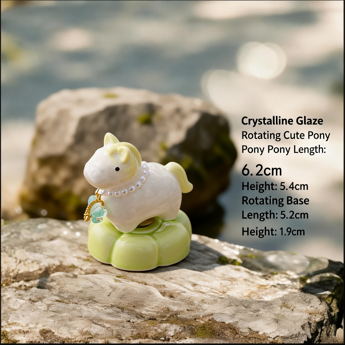 Crystal Glaze Rotating Horse Figurine – Cute Ceramic Pony with Yellow Mane, Pearl Collar & Green Lotus Base