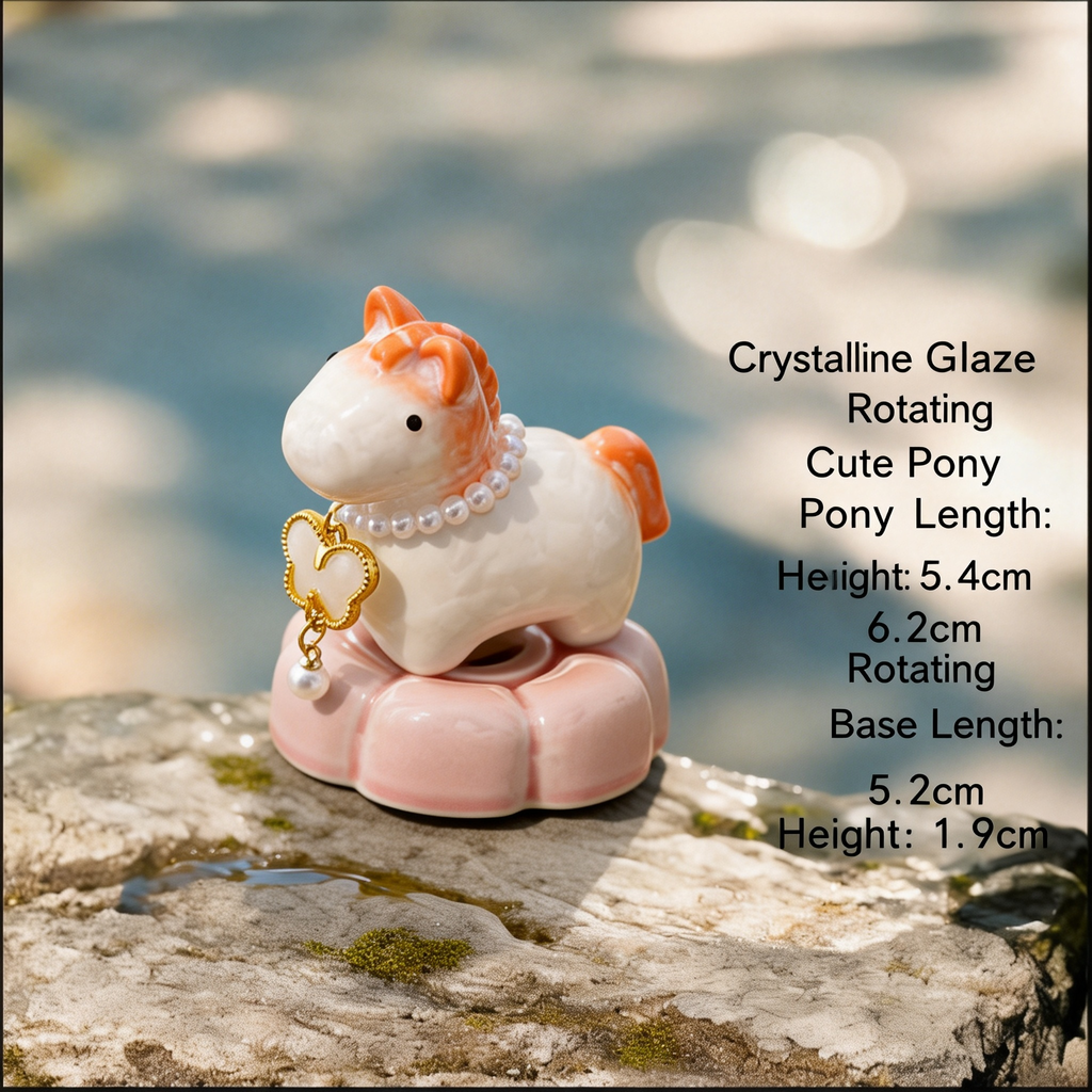 Crystal Glaze Rotating Horse Figurine – Cute Ceramic Pony with Orange Accents, Pearl Collar & Pink Lotus Base