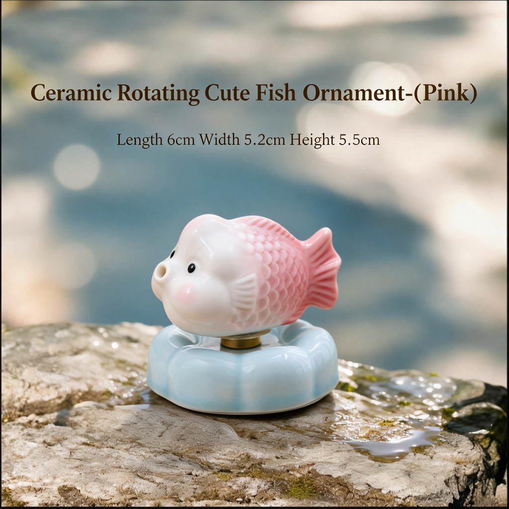 Ceramic Rotating Fish Figurine – Cute Pastel Pink Spinning Goldfish Desk Toy on Light Blue Base