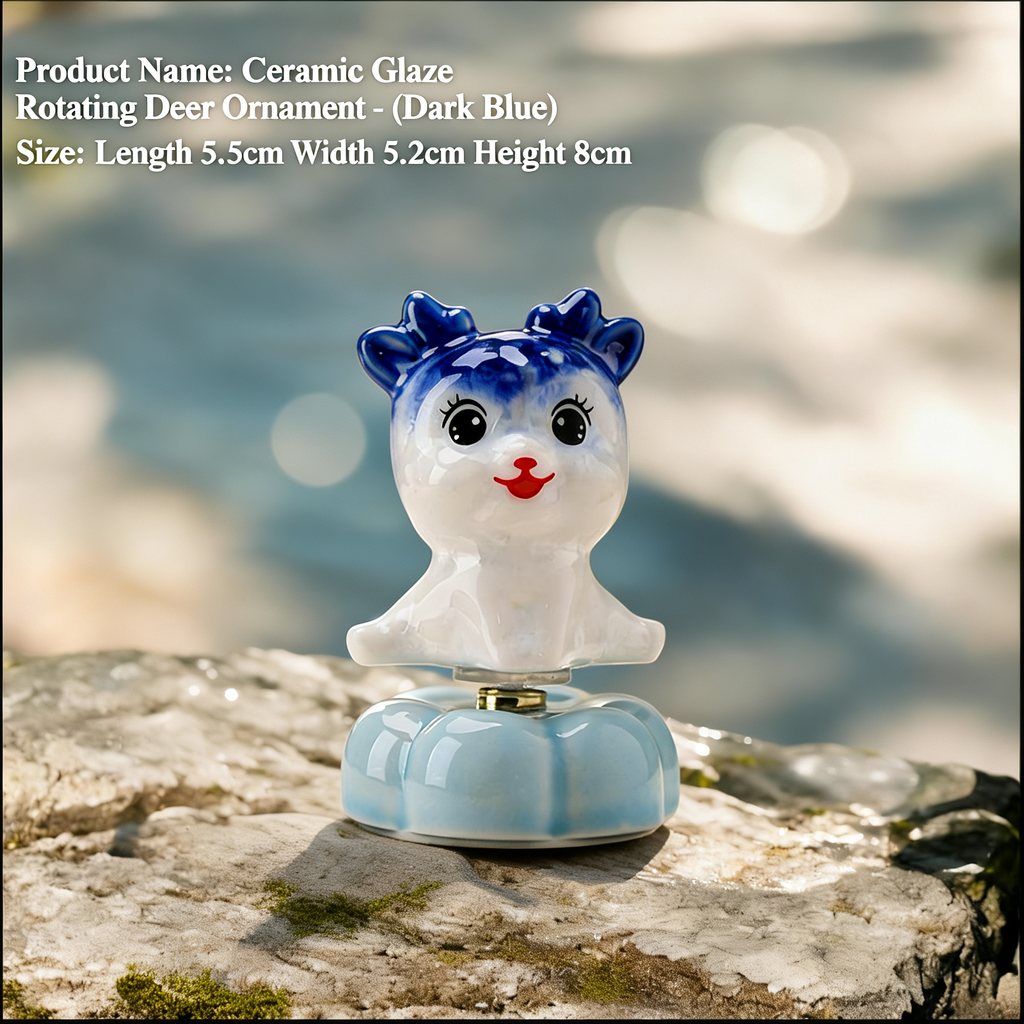 Ceramic Rotating Deer Figurine – Cute Blue Fawn with Eyelashes & Red Nose on Light Blue Lotus Base