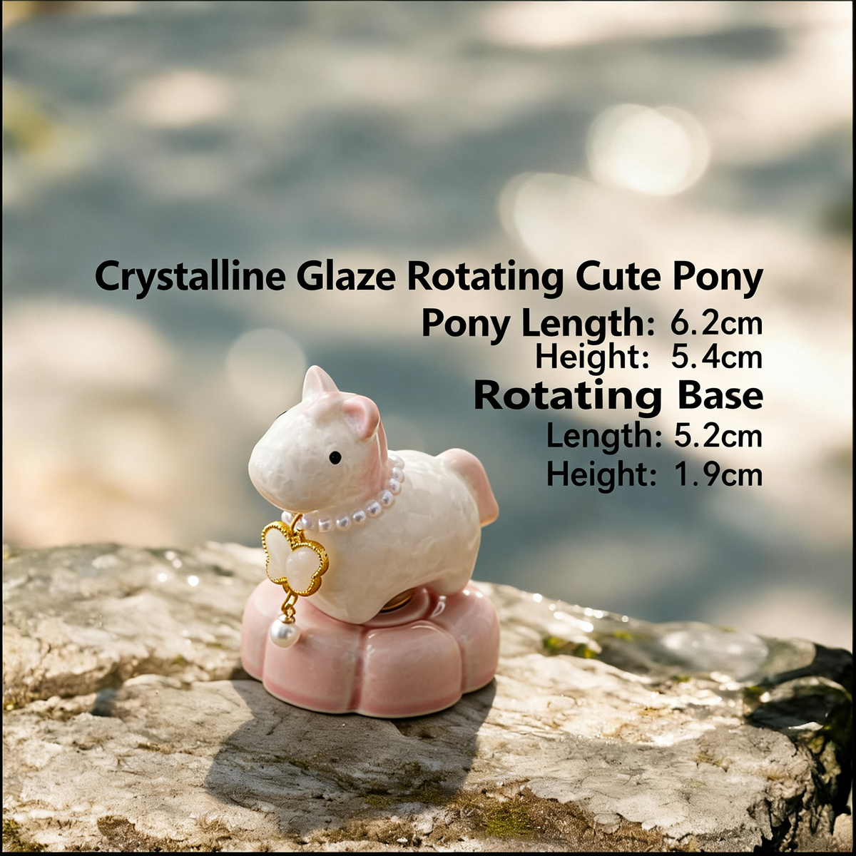 Crystal Glaze Rotating Horse Figurine – Cute Ceramic Carousel Horse with Pearl Collar & Pink Lotus Base