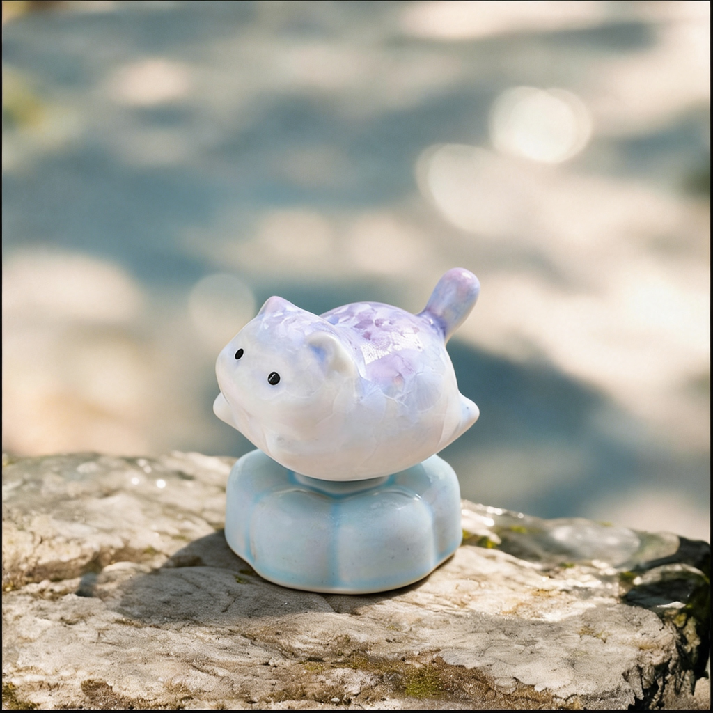 Ceramic Rotating Flying Pig Figurine – Iridescent Pearl White Piggy Desk Toy on Light Blue Lotus Base