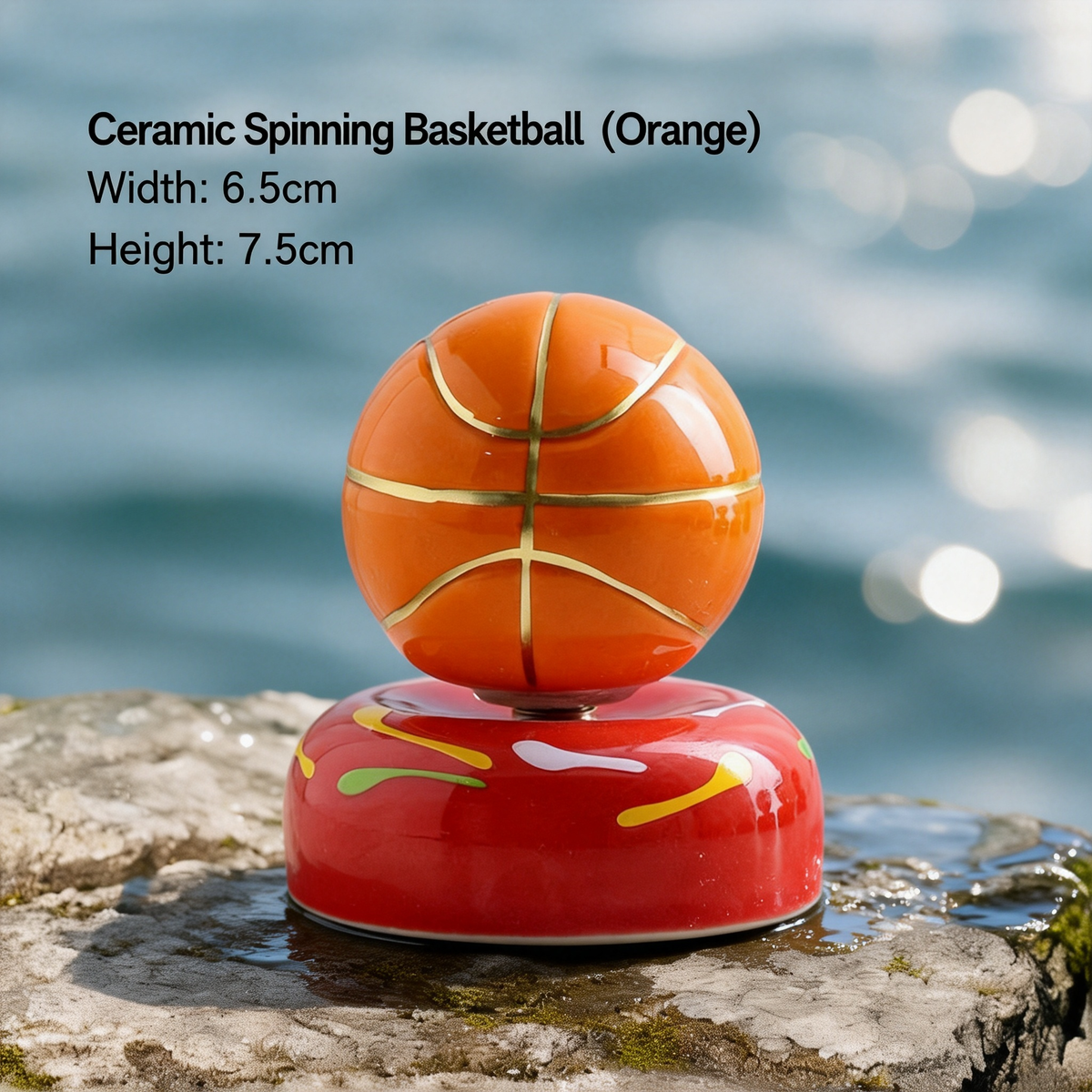 Ceramic Rotating Basketball Figurine – Classic Orange & Gold Spinning Basketball Desk Toy & Sports Decor