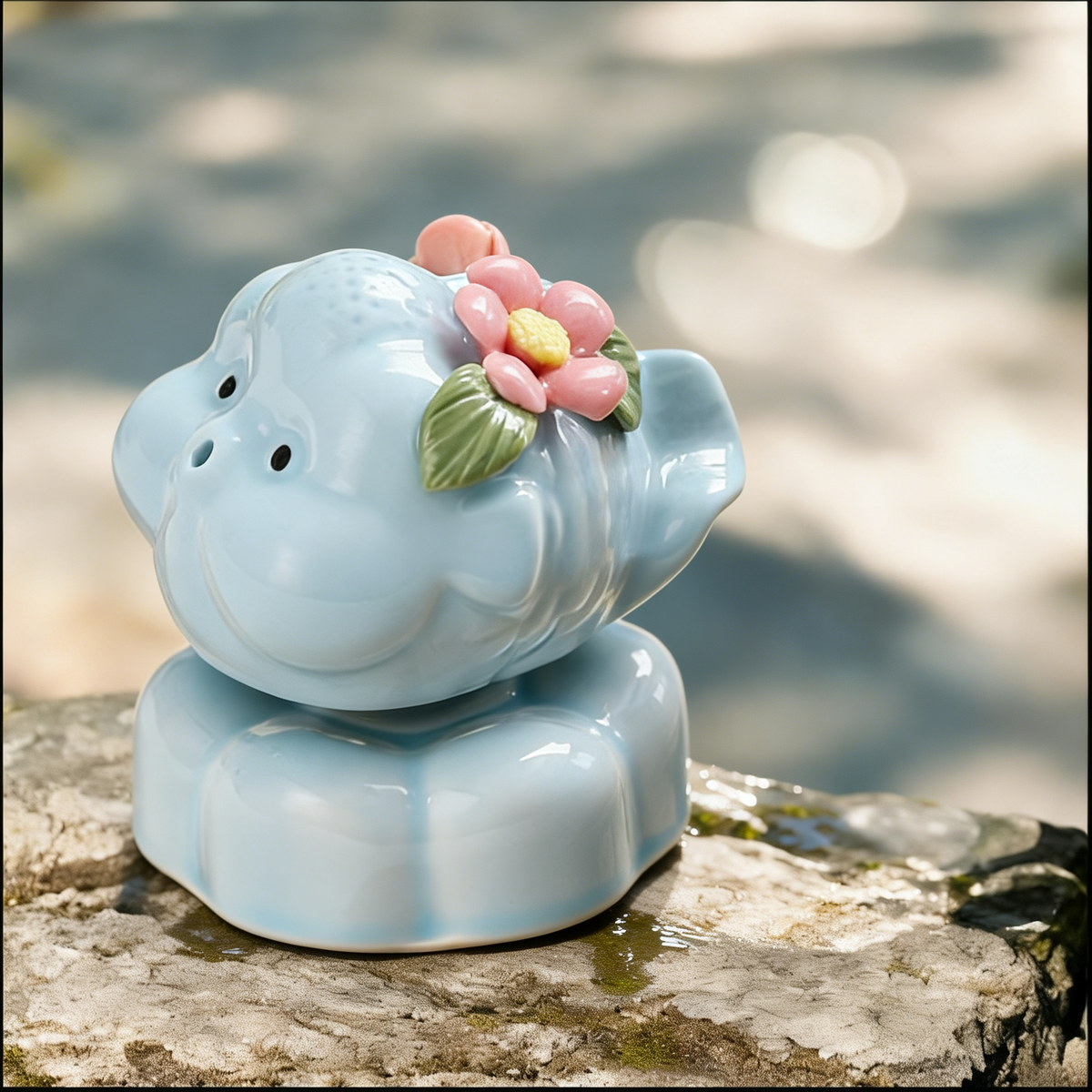 Ceramic Rotating Pig Figurine – Cute Chubby Blue Piggy with Pink Floral Crown on Light Blue Lotus Base