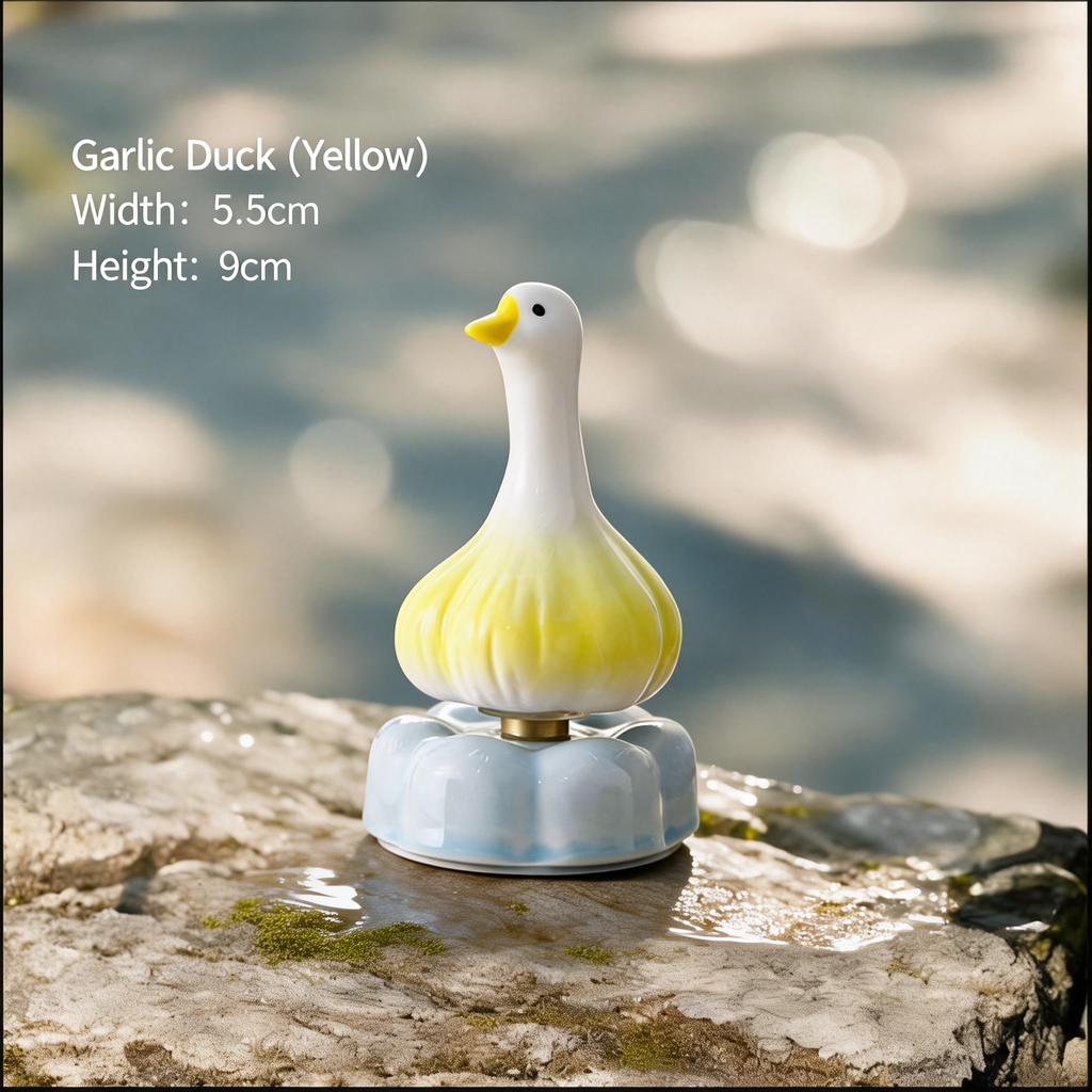 Ceramic Rotating Garlic Duck Figurine – Cute Yellow Gradient Goose Desk Toy on Light Blue Base