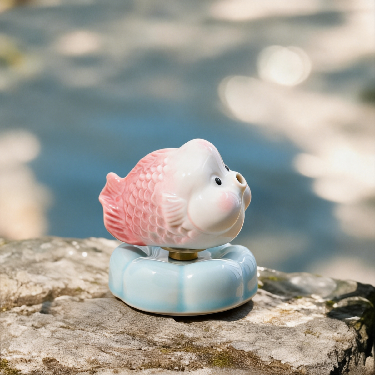 Ceramic Rotating Fish Figurine – Cute Pastel Pink Spinning Goldfish Desk Toy on Light Blue Base