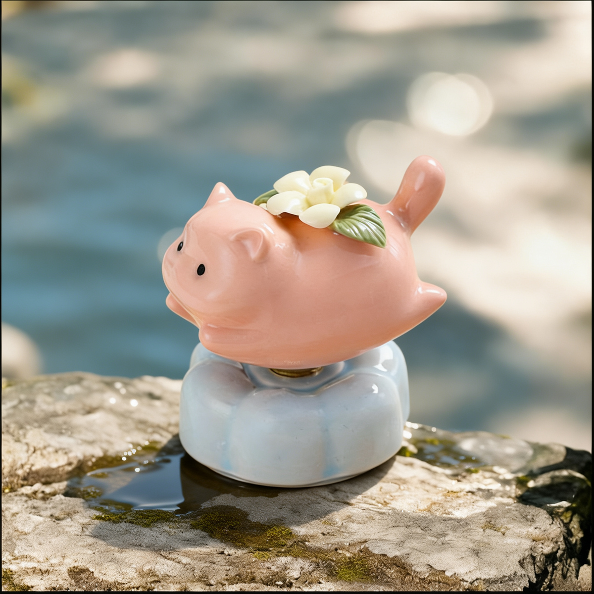 Ceramic Rotating Flying Pig Figurine – Cute Pink Piggy with Hand-Sculpted Floral Detail & Light Blue Lotus Base