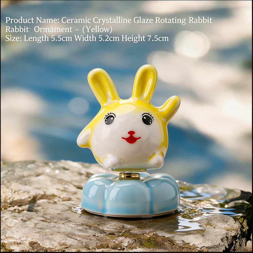 Ceramic Rotating Rabbit Figurine – Cute Yellow Bunny with Red Nose on Light Blue Lotus Base