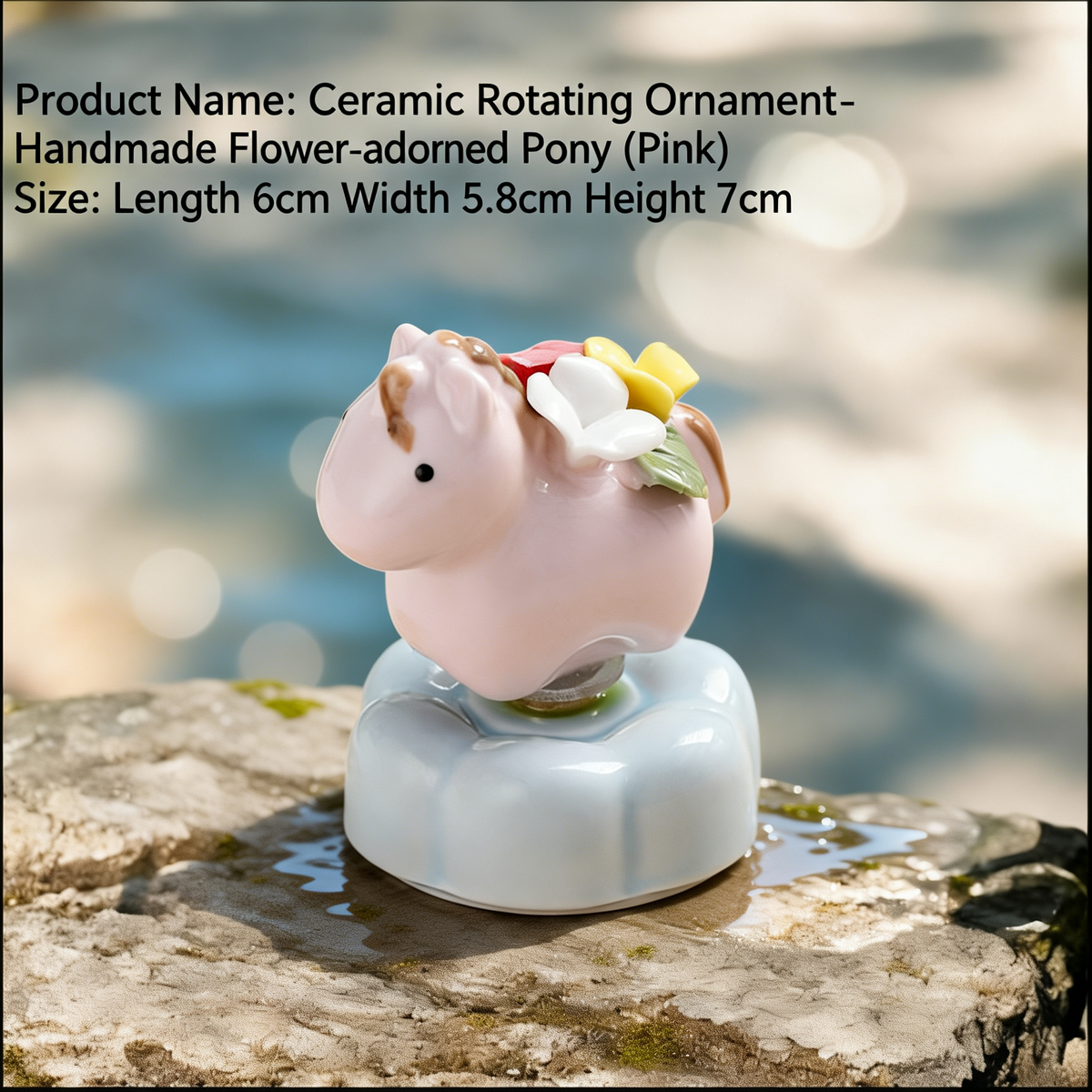 Ceramic Rotating Horse Figurine – Cute Pastel Pink Pony with Hand-Sculpted Floral Saddle & Blue Lotus Base