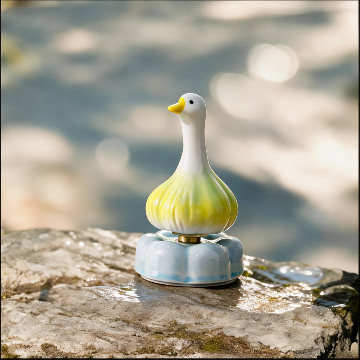 Ceramic Rotating Garlic Duck Figurine – Cute Yellow Gradient Goose Desk Toy on Light Blue Base