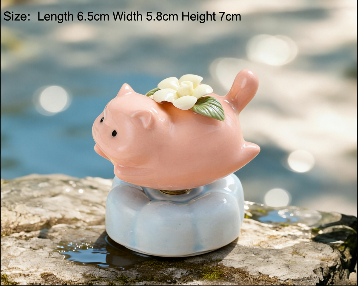 Ceramic Rotating Flying Pig Figurine – Cute Pink Piggy with Hand-Sculpted Floral Detail & Light Blue Lotus Base