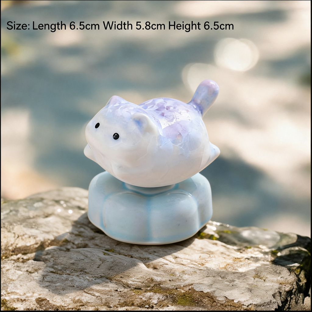 Ceramic Rotating Flying Pig Figurine – Iridescent Pearl White Piggy Desk Toy on Light Blue Lotus Base